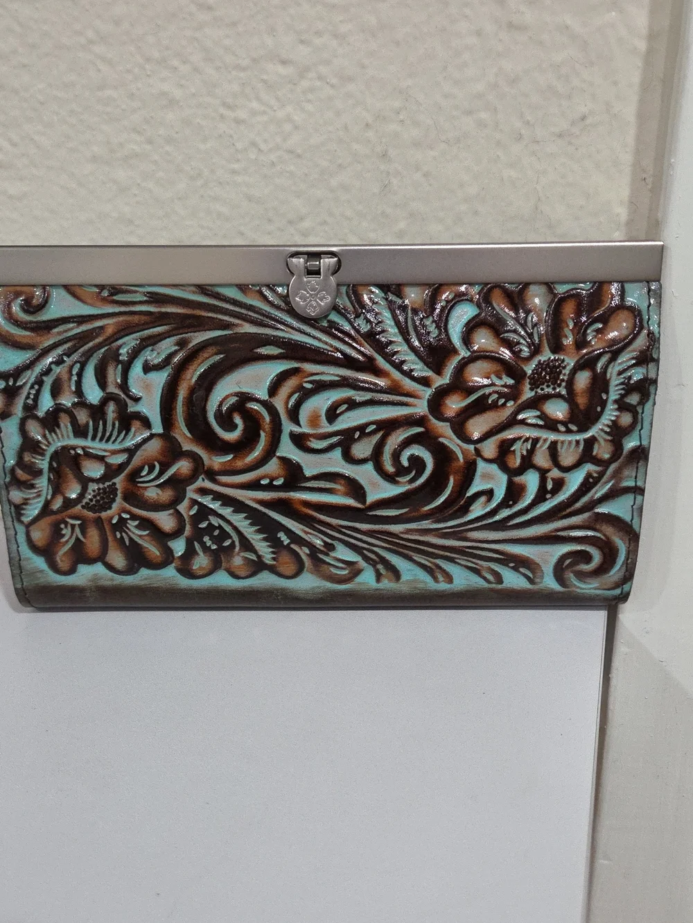 Patricia Nash Tooled Floral Leather Clutch Wallet in Turquoise and Brown